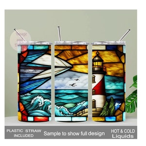 May include: Three stainless steel tumblers with different stained glass designs. The designs feature a sailboat, a lighthouse, and a seascape. The tumblers are all the same size and shape. The text "HOT & COLD Liquids" is printed on the bottom of the image.