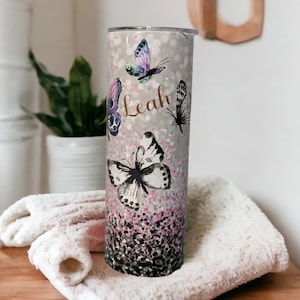 Pretty Butterfly Tumbler With A Glitter Design, 20oz tumbler with lid and plastic straw
