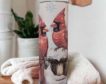 Pretty Winter Cardinals Tumbler Can Be Personalized, Great For Everyday Use - Hot Or Cold Drinks, Bird Lover Gift,  20oz Tumbler With Straw