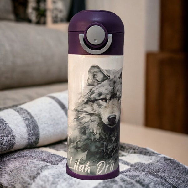 Kids Wolf Water Bottle Can be Personalized, Kids Wolf Cup With Name, Great For School Home Or On The Go, Great Gift For Little Wolf Lover