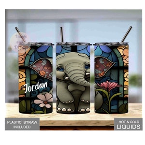 Colorful Kids Tumbler featuring a Charming Baby Elephant and Beautiful Stained Glass, Elephant Cup, Kids Tumbler Cup, Elephant Lover Gift