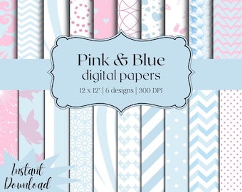 Pink digital paper, Blue digital paper, Pink and blue paper pack, Digital designs, Design paper