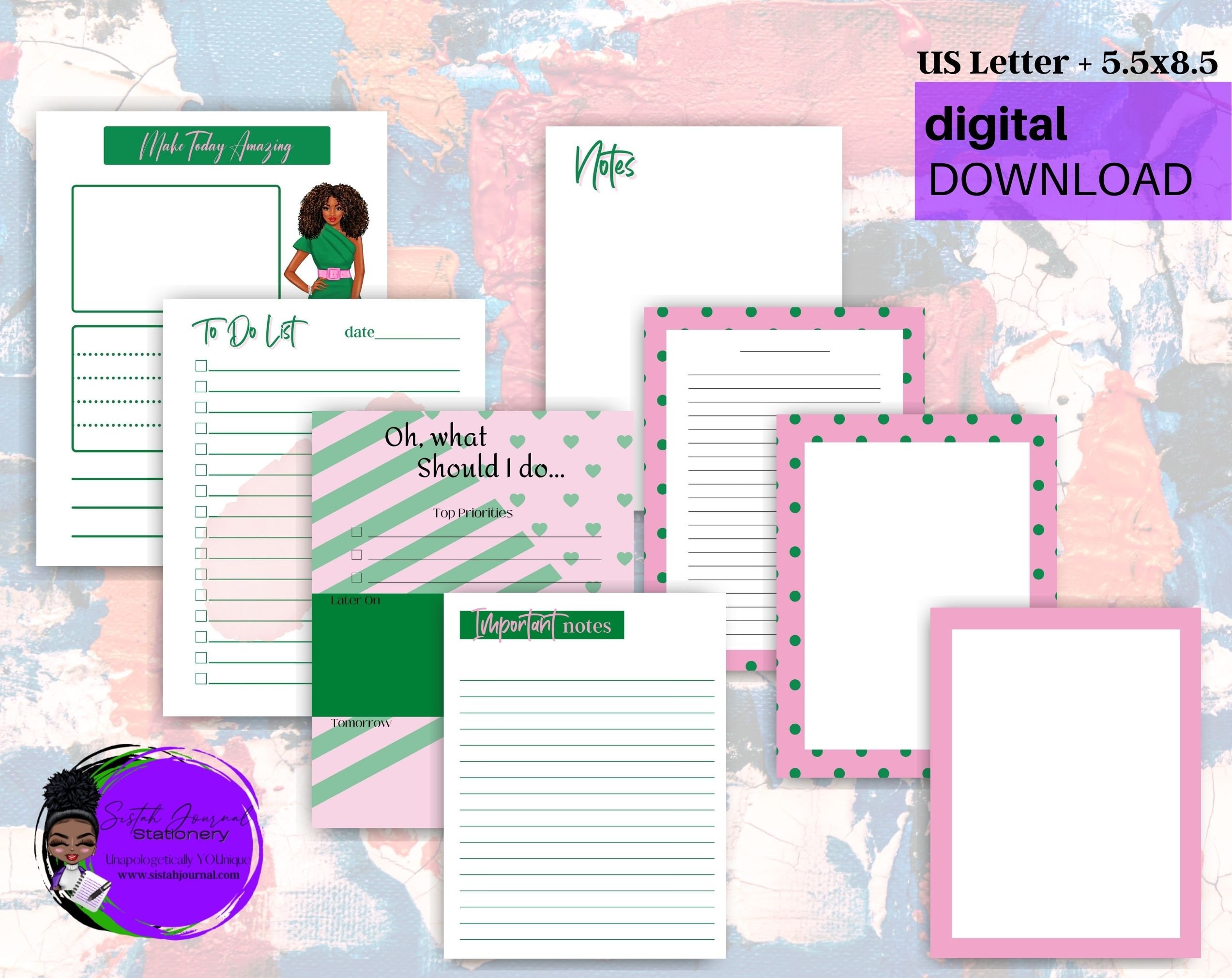 Printable stationery set, Instant download stationery, US Letter PDF download, Sorority colors printable notepad, Printable To Do List