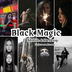 K&ouml;nnte beinhalten: Eine Collage von Bildern, die die Lightroom-Voreinstellungen "Black Magic" f&uuml;r Mobilger&auml;te und Desktop zeigen. Die Bilder zeigen eine Vielzahl von Motiven, darunter Personen, Landschaften und Stillleben, die alle mit einer dunklen und stimmungsvollen &Auml;sthetik bearbeitet wurden.