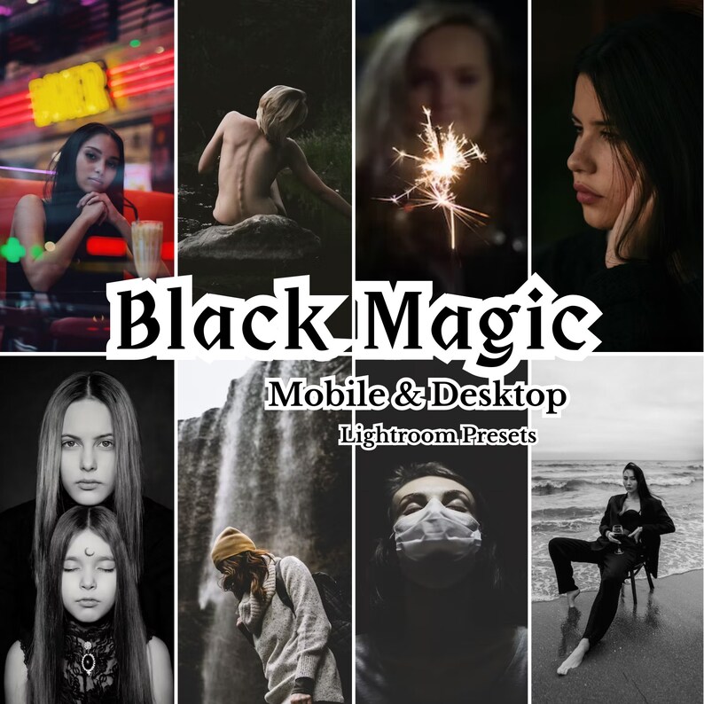 K&ouml;nnte beinhalten: Eine Collage von Bildern, die die Lightroom-Voreinstellungen "Black Magic" f&uuml;r Mobilger&auml;te und Desktop zeigen. Die Bilder zeigen eine Vielzahl von Motiven, darunter Personen, Landschaften und Stillleben, die alle mit einer dunklen und stimmungsvollen &Auml;sthetik bearbeitet wurden.