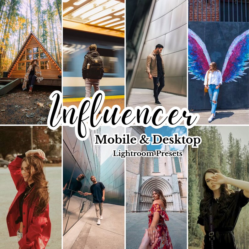 K&ouml;nnte beinhalten: Ein Satz Lightroom-Presets f&uuml;r mobile Ger&auml;te und Desktops, genannt "Influencer". Das Bild zeigt eine Collage von Fotos mit verschiedenen Personen und Orten, die die Effekte der Presets zeigen.