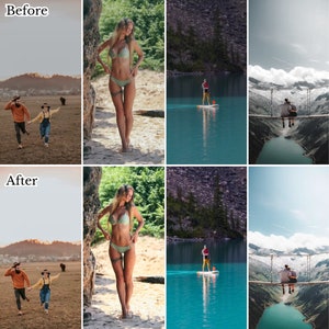 K&ouml;nnte beinhalten: Vorher-Nachher-Bildvergleich, der die Auswirkungen der Fotobearbeitung zeigt. Die obere Reihe zeigt das Originalbild mit einem Paar, das auf einem Feld rennt, einer Frau, die in einem Wald steht, einem Mann, der auf einem See paddelt, und einem Paar, das auf einer Br&uuml;cke sitzt. Die untere Reihe zeigt das bearbeitete Bild mit denselben Szenen, aber mit verbesserten Farben, Beleuchtung und Kontrast.