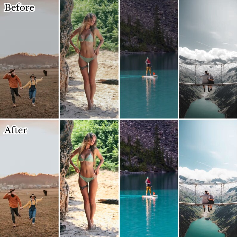 K&ouml;nnte beinhalten: Vorher-Nachher-Bildvergleich, der die Auswirkungen der Fotobearbeitung zeigt. Die obere Reihe zeigt das Originalbild mit einem Paar, das auf einem Feld rennt, einer Frau, die in einem Wald steht, einem Mann, der auf einem See paddelt, und einem Paar, das auf einer Br&uuml;cke sitzt. Die untere Reihe zeigt das bearbeitete Bild mit denselben Szenen, aber mit verbesserten Farben, Beleuchtung und Kontrast.