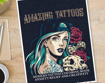 Puede incluir: Una portada de libro para colorear con una mujer de pelo azul que lleva una gorra de béisbol y un tatuaje de calavera. El texto de la portada dice "Amazing Tattoos Modern Tattoo Coloring Book Anxiety Relief and Creativity".