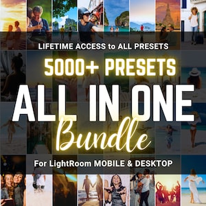 K&ouml;nnte beinhalten: Eine Collage von Bildern, die eine Vielzahl von Reise- und Lifestyle-Fotografie-Presets zeigen. Der Text "5000+ PRESETS ALL IN ONE Bundle" wird in einem gelben Schein angezeigt, mit den Worten "LIFETIME ACCESS to ALL PRESETS" und "For LightRoom MOBILE & DESKTOP" in kleinerer Schrift darunter.