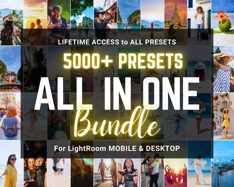 K&ouml;nnte beinhalten: Eine Collage von Bildern, die eine Vielzahl von Reise- und Lifestyle-Fotografie-Presets zeigen. Der Text "5000+ PRESETS ALL IN ONE Bundle" wird in einem gelben Schein angezeigt, mit den Worten "LIFETIME ACCESS to ALL PRESETS" und "For LightRoom MOBILE & DESKTOP" in kleinerer Schrift darunter.