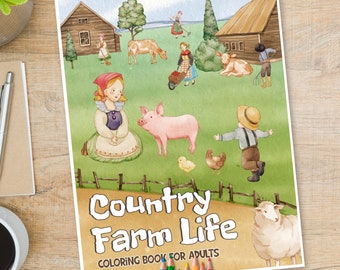 Libro da colorare per adulti Vita in campagna in campagna / 60 pagine da colorare digitali carine con disegni unici (PDF stampabile)