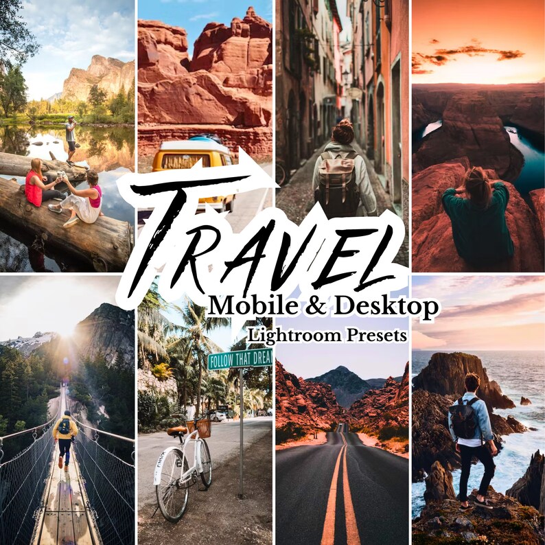 K&ouml;nnte beinhalten: Eine Collage von Reisefotos mit dem Wort "TRAVEL" in gro&szlig;en, schwarzen, handgeschriebenen Buchstaben. Der Text "Mobile & Desktop Lightroom Presets" befindet sich unter dem Wort "TRAVEL". Die Fotos zeigen eine Vielzahl von Landschaften, darunter Berge, W&uuml;sten, St&auml;dte und Str&auml;nde.