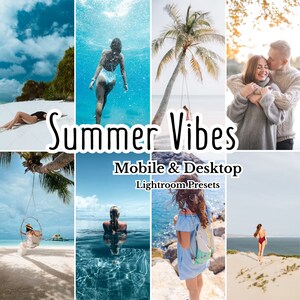 K&ouml;nnte beinhalten: Eine Collage von Bildern, die sommerliche Stimmung zeigen. Die Bilder zeigen Menschen, die am Strand Spa&szlig; haben, im Meer schwimmen und auf einer Schaukel entspannen. Der Text "Summer Vibes" und "Mobile & Desktop Lightroom Presets" ist auf dem Bild zu sehen.