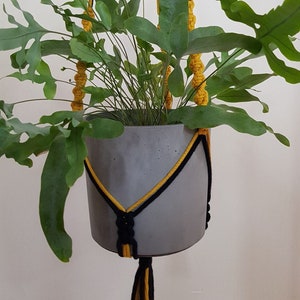 May include: A grey concrete planter with a green plant hanging from a macrame plant hanger with black and yellow cords.