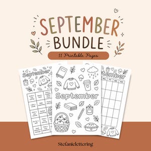 Puede incluir: Un paquete de septiembre de 11 páginas imprimibles con ilustraciones de líneas en blanco y negro. Las páginas incluyen un calendario, una tarjeta de bingo y varios iconos estacionales como suéteres, libros, velas, hojas y una cesta de manzanas.
