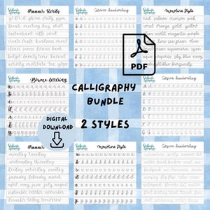 May include: A calligraphy bundle digital download featuring two styles of cursive handwriting practice sheets. The pages include planner words, monoline style lettering, and bounce lettering exercises with alphabet guides and seasonal vocabulary words.