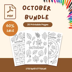 Può includere: Un pacchetto digitale in PDF contenente 20 pagine stampabili per ottobre. Le pagine presentano disegni al tratto in bianco e nero di varie foglie autunnali, un tracker mensile e un elenco di attività. Il testo include OCTOBER BUNDLE, 60% SALE e STEFANIELETTERING.