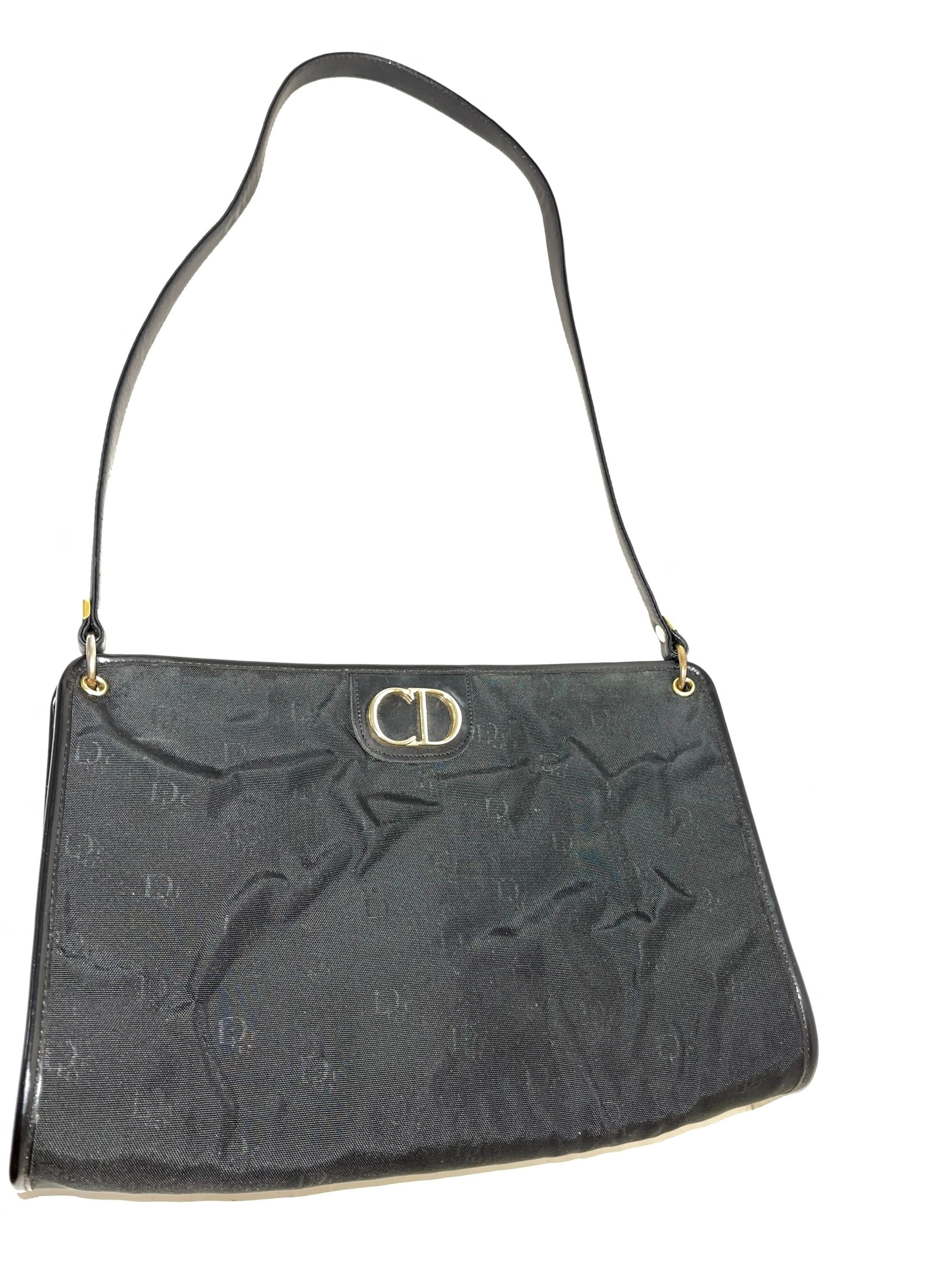 Christian Dior Vintage Black Logo Canvas Leather Large Dr Satchel Bag France