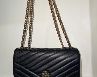 Authentic Tory Burch Black Quilted Leather Large Kira Shoulder Bag