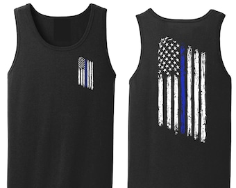 Thin Blue Line Tattered American Flag Police Law Enforcement Sleeveless Tank Top Shirt - FREE SHIPPING