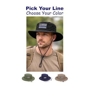 May include: Black sun hat with a thin blue line flag patch. The hat has a wide brim and an adjustable chin strap. The image also shows three other hats in green, navy blue, and tan. Text on the image reads "Pick Your Line Choose Your Color."