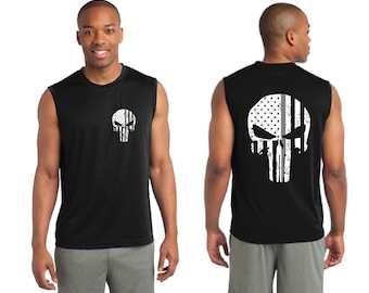 Thin Silver Line Punisher Skull Tattered American Flag Corrections Officer Performance Tank Top Sleeveless Muscle Shirt - FREE SHIPPING