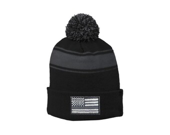 Thin SILVER Line Tattered American Flag Corrections Officer Military Fold Over Winter Watch Pom Pom Hat - Color Choice - FREE SHIPPING