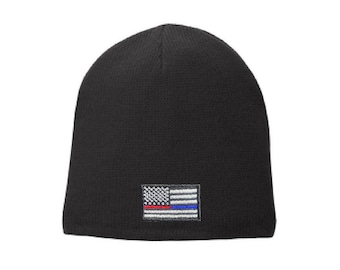Thin Blue Red Line Tattered American Flag Law Enforcement Firefighter Military Fold Over Beanie Skull Cap - Color Choice - FREE SHIPPING