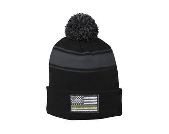 Thin GOLD  Line Tattered American Flag Dispatcher Law Enforcement Military Fold Over Winter Watch Pom Pom Hat - Color Choice - FREE SHIPPING