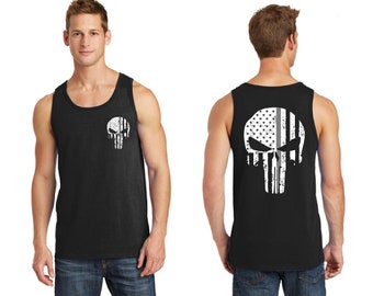 Thin Silver Line Punisher Skull with Tattered American Flag Corrections Officer Tank Top Shirt - FREE SHIPPING