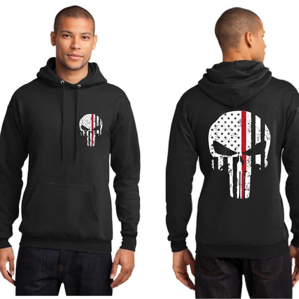 Thin RED Line Punisher Skull with Tattered American Flag Firefighter Fireman Firemen Hoodie Hooded Sweatshirt Shirt - FREE SHIPPING