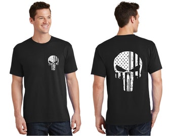 Thin Silver Line Punisher Skull with Tattered American Flag Corrections Officer Short Sleeve Shirt - FREE SHIPPING