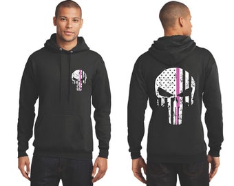 Thin Pink Line Punisher Skull with Tattered American Flag Breast Cancer Awareness Hoodie Hooded Sweatshirt Shirt - FREE SHIPPING