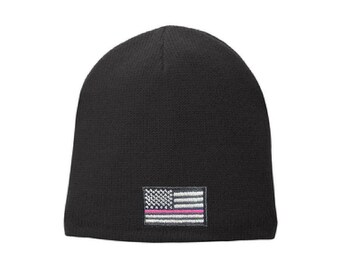 Thin PINK Line Tattered American Flag Breast Cancer Awareness Winter Hat Fold Over Beanie Skull Cap Color Choice - FREE SHIPPING