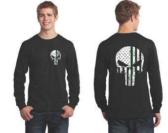 Thin GREEN Line Punisher Skull with Tattered American Flag Military and Federal Agent Long Sleeve Shirt - FREE SHIPPING