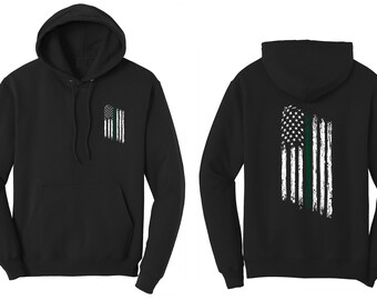Thin Green Line Tattered American Flag Military and Federal Agent Hoodie Hooded Sweatshirt - FREE SHIPPING