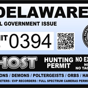 Delaware DE Ghost Hunting Hunter Permit Sticker Self Adhesive Vinyl usa united states us Paranormal Investigator Decal Sticker