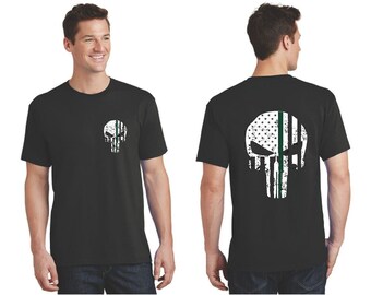 Thin GREEN Line Punisher Skull with Tattered American Flag Military and Federal Agent Short Sleeve Shirt - FREE SHIPPING