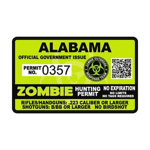 Alabama AL  Zombie Hunting Permit Sticker Self Adhesive Vinyl usa united states outbreak response - GREEN - Free Shipping