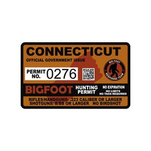 Connecticut CT Bigfoot Hunting Permit Sticker Self Adhesive Vinyl usa united states Sasquatch