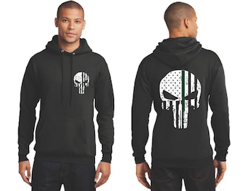 Thin GREEN Line Punisher Skull with Tattered American Flag Military and Federal Agent Hoodie Hooded Sweatshirt Shirt - FREE SHIPPING