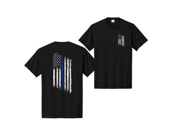 Thin Blue Line Tattered American Flag Police Law Enforcement Short Sleeve Shirt - FREE SHIPPING