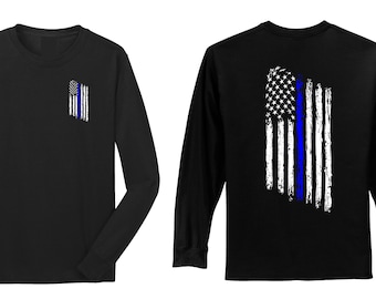 Thin Blue Line Tattered American Flag Police Law Enforcement Long Sleeve Shirt - FREE SHIPPING