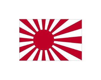May include: A red and white Japanese flag with a large red circle in the center. The circle is surrounded by 16 red rays radiating outwards.