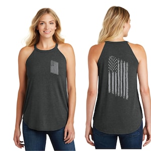 Women&#39;s Subdued Tactical Tattered American Flag United States of American us usa Sleeveless Rocker Tank Top - FREE SHIPPING