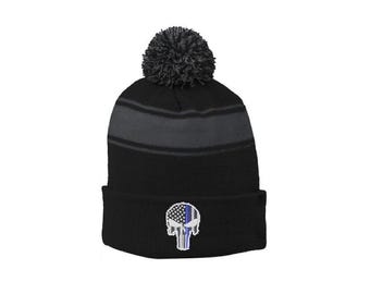 Thin Blue Line Punisher Skull Tattered American Flag Police Officer Military Adjustable Fold Over Winter Watch Pom Pom Hat - Color Choice