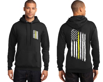 Thin YELLOW Line Tattered American Flag Tow Truck Drivers and Security Officers Hoodie Hooded Sweatshirt - FREE SHIPPING