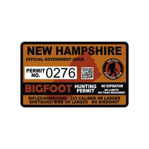 New Hampshire NH Bigfoot Hunting Permit Sticker Self Adhesive Vinyl usa united states Sasquatch