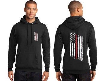 Thin Red Line Tattered American Flag Firefighter Fireman Firemen Hoodie Hooded Sweatshirt - FREE SHIPPING
